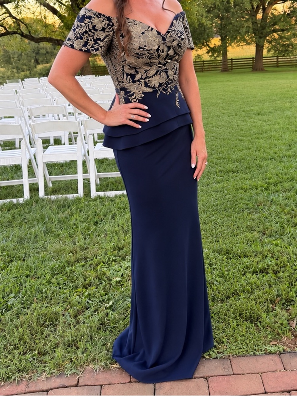 Rina di Montella RD2918 Navy & Gold Embroidered Formal Gown Size 10 UNALTERED